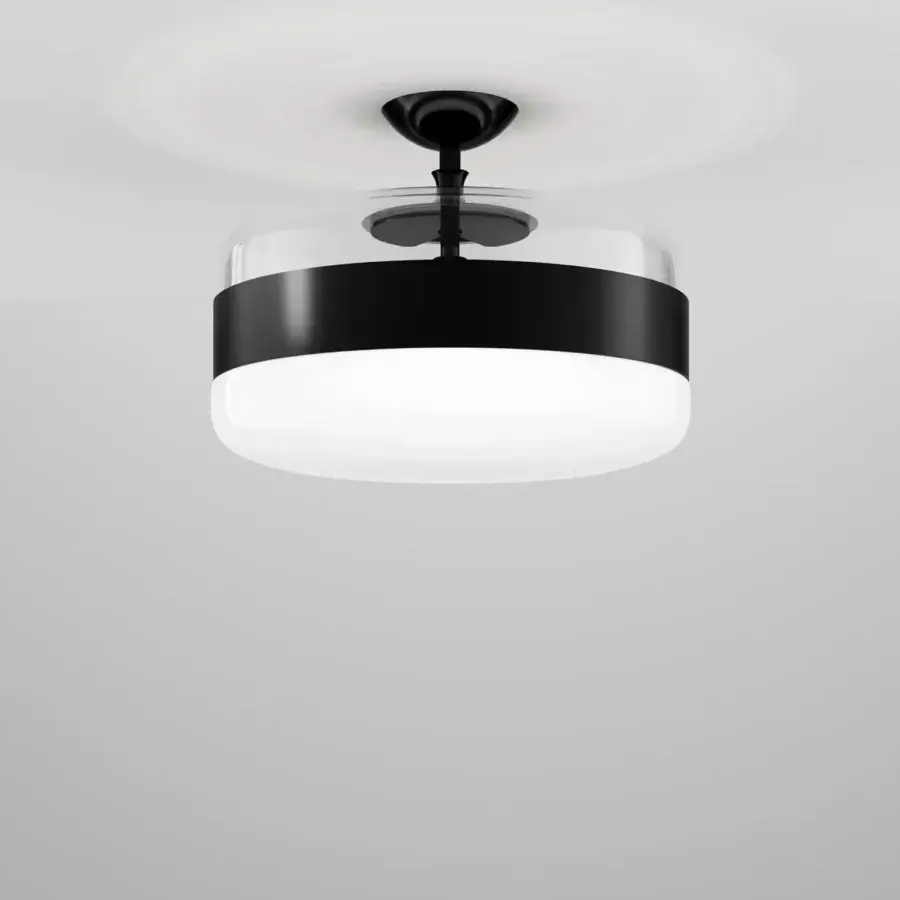 Exclusive Vistosi Futura ceiling lamp crafted in hand-blown glass with a transparent upper portion and diffused white lower section with a black metal ring