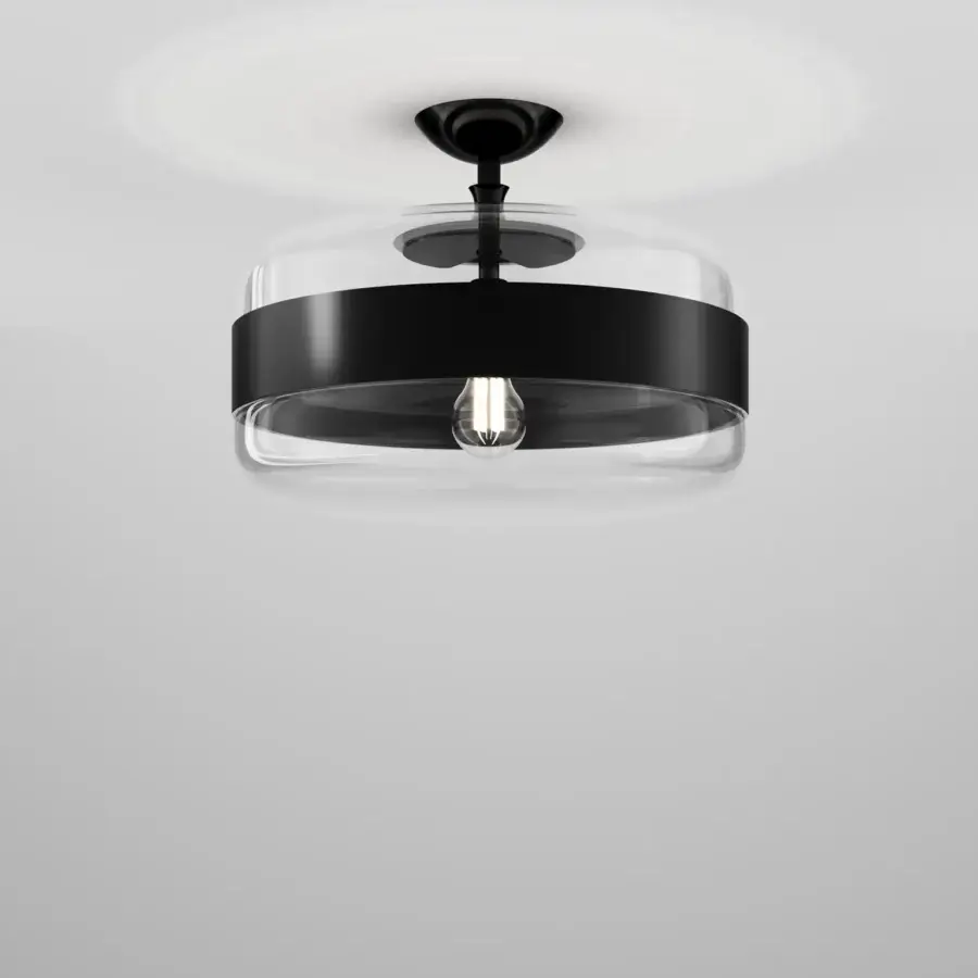 Distinguished Vistosi Futura ceiling lamp crafted in blown glass with a matte black metal ring and clear upper portion