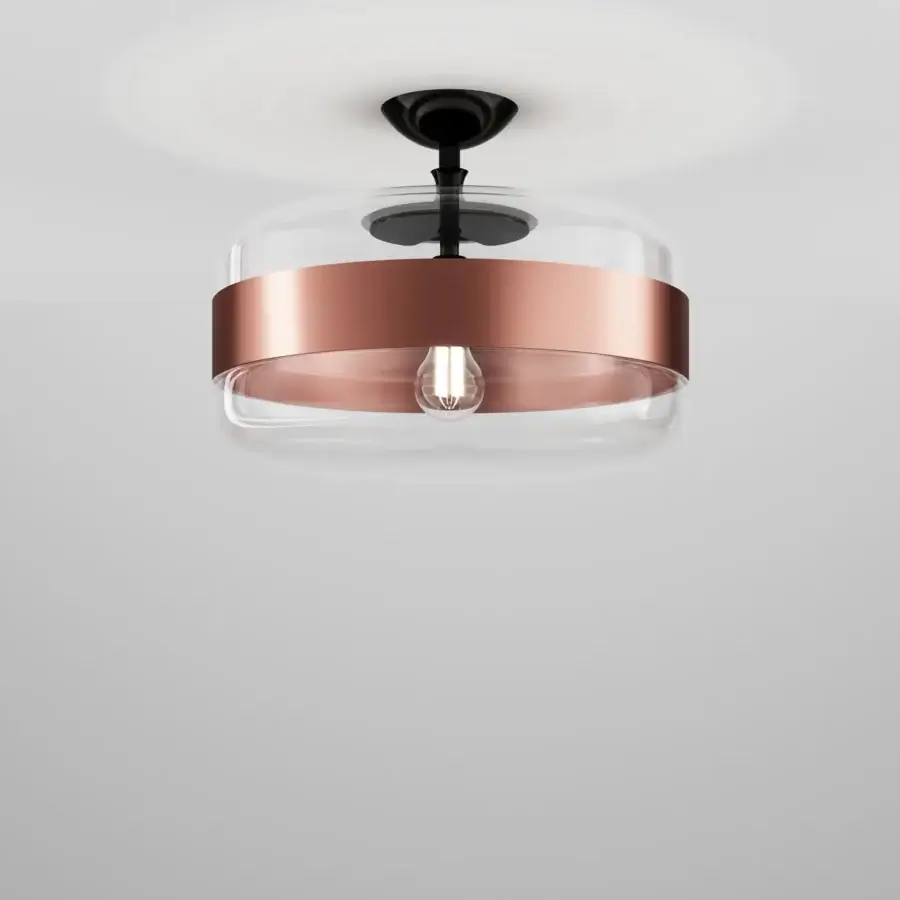 Elegant Vistosi Futura ceiling lamp crafted in clear hand-blown glass with a copper-finished metal ring