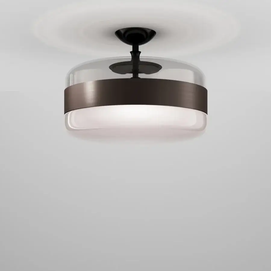 Superior Vistosi Futura ceiling lamp crafted in hand-blown glass with a dark brown metal ring and translucent white finish