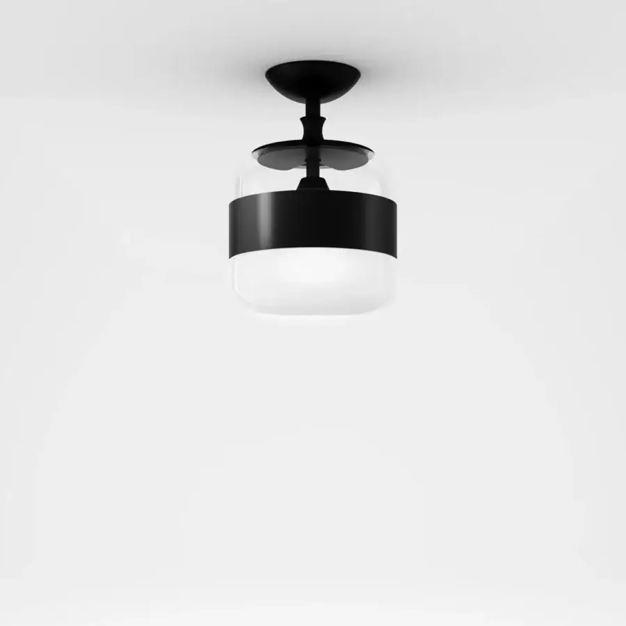 Elegant Vistosi Futura ceiling lamp crafted in hand-blown glass with a sleek black metal ring and diffused bottom