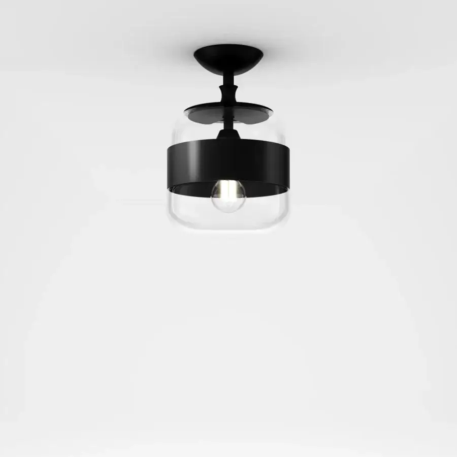 Exclusive Vistosi Futura ceiling lamp crafted in hand-blown clear glass with a sleek black metal ring and mount