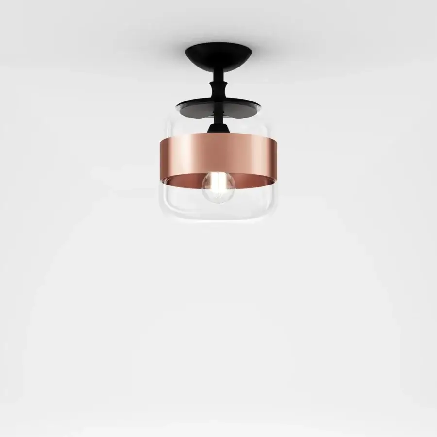 Superior Vistosi Futura ceiling lamp crafted in hand-blown glass with a copper-finished metal ring and black ceiling mount