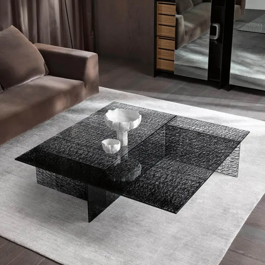 Elegant Tonelli Design Sestante coffee table crafted in extra clear glass with black linear textured digital printing decoration