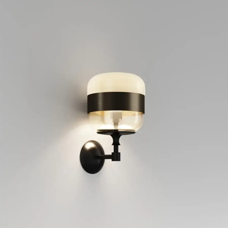 Exclusive Vistosi Futura wall lamp with hand-blown glass transitioning from transparent to diffused cream and a dark metal support