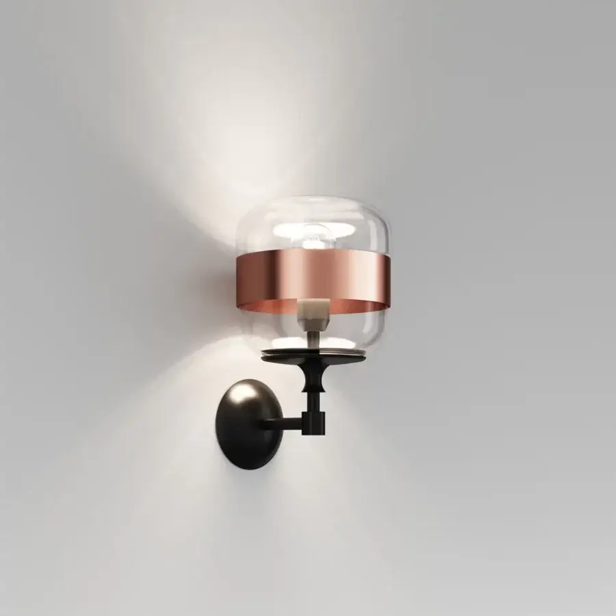 Exclusive Vistosi Futura wall lamp crafted in hand-blown glass with a copper metal ring and tiered black base