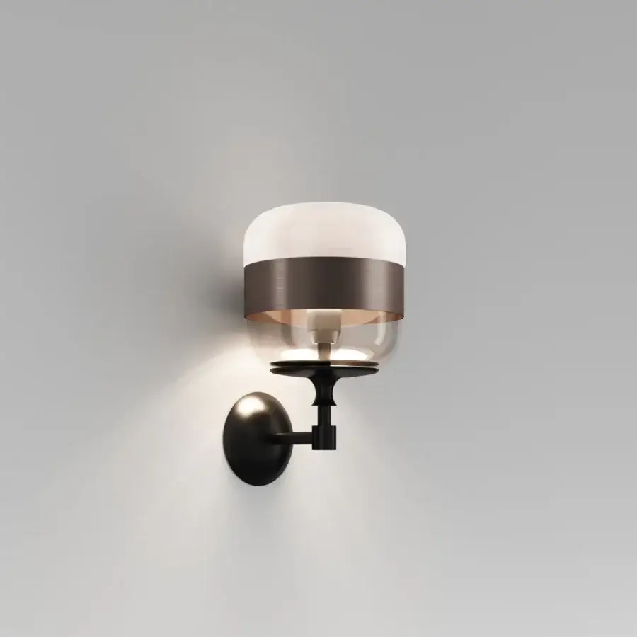 Distinguished Vistosi Futura wall lamp with blown glass showcasing transparent white diffusing into clear glass and a brushed dark metal ring