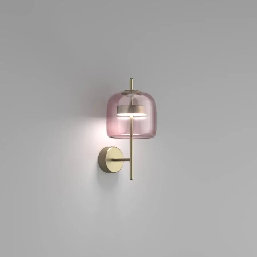 Elegant Vistosi Jube wall lamp with pink blown glass and sleek matt gold metal parts