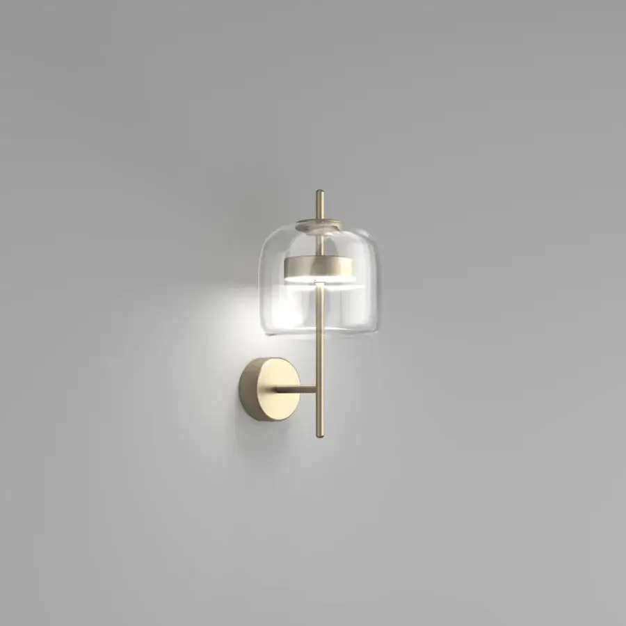 Superior Vistosi Jube wall lamp with rounded clear blown glass and matt gold metal parts