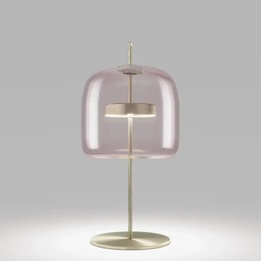 Elegant Vistosi Jube table lamp with translucent pink blown glass diffuser and matt gold metal parts