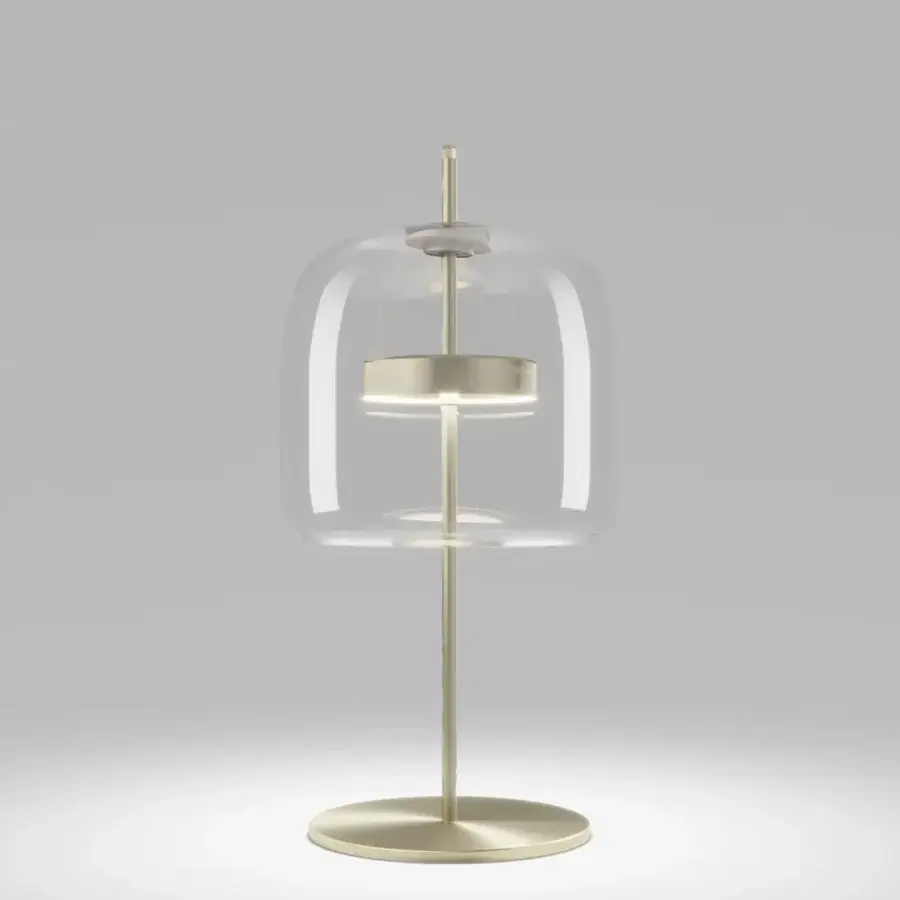 Superior Vistosi Jube table lamp with transparent blown glass diffuser and matte gold metal components