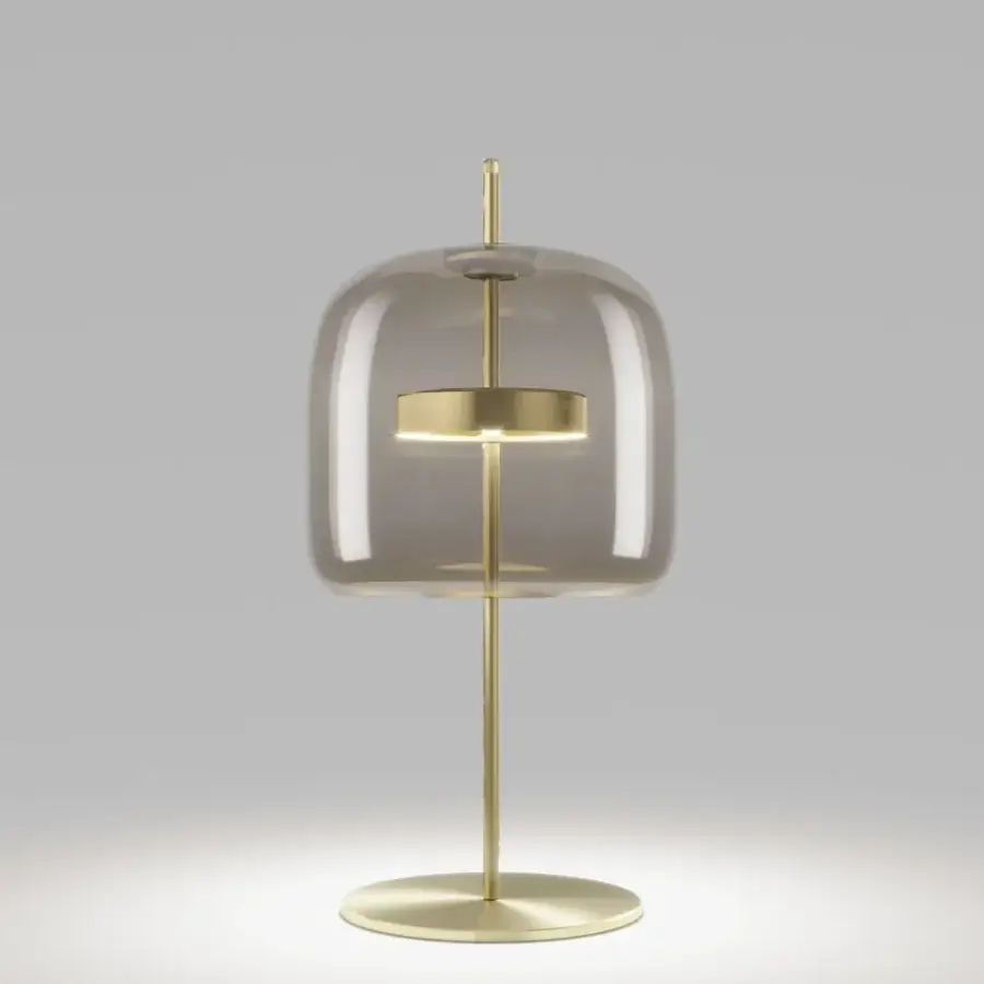 Distinguished Vistosi Jube table lamp with smoke blown glass diffuser and matt gold metal parts