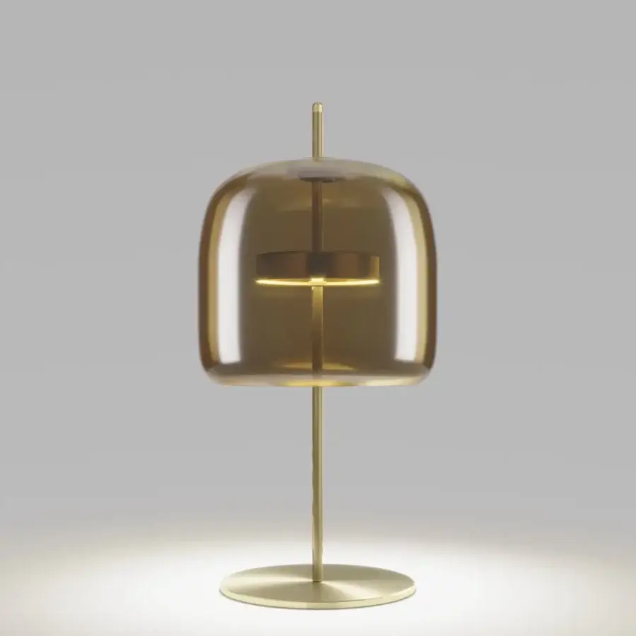 Exceptional Vistosi Jube table lamp with translucent amber hand-blown glass and soft matt gold metal parts