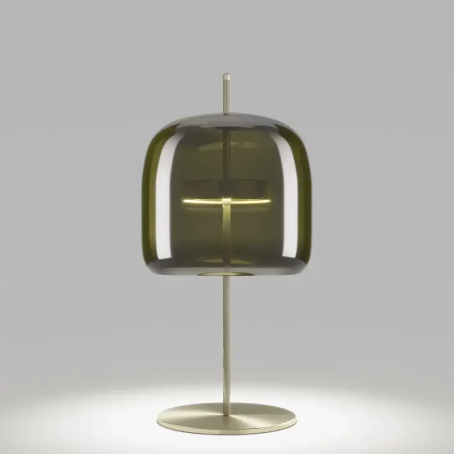 Elegant Vistosi Jube table lamp with translucent olive-green blown glass and brushed gold metal parts