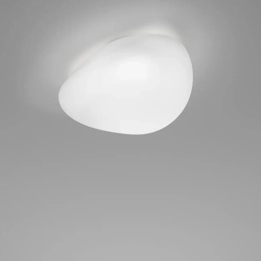 Distinguished Vistosi Neochic ceiling lamp with organic pebble form crafted in refined matt white glass and glossy white metal parts