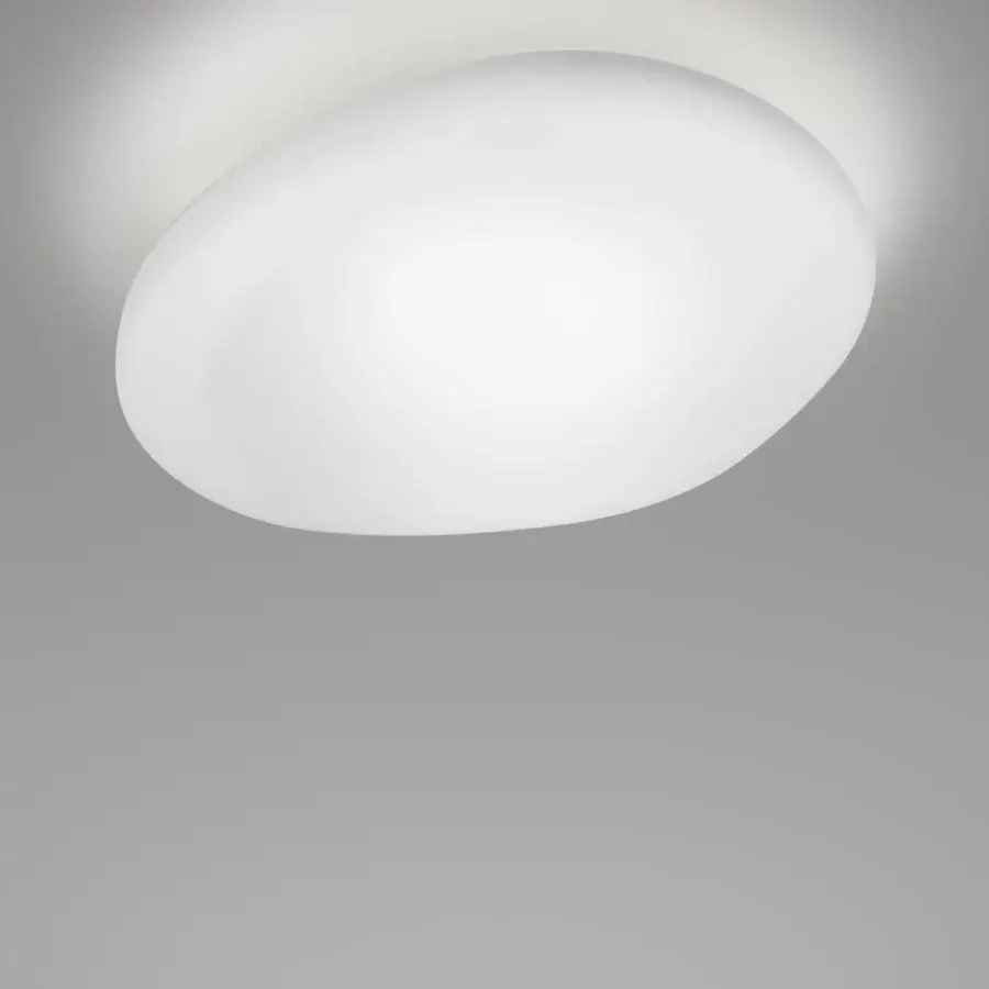 Elegant Vistosi Neochic ceiling lamp with rounded form crafted in refined matt white glass and glossy white metal