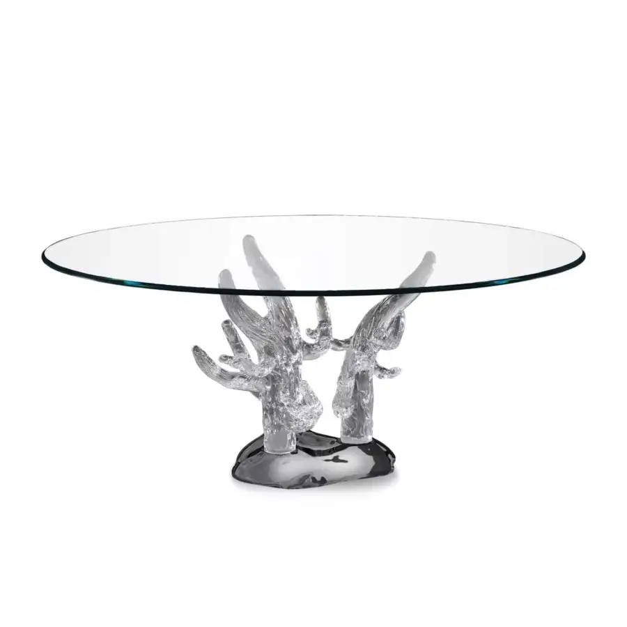 Distinguished Reflex Corallo table with transparent extra clear glass and sculptural handmade Murano glass base in chrome finish
