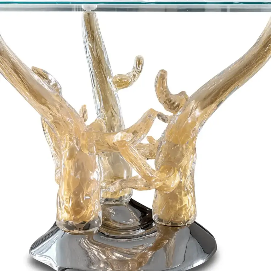 Captivating Reflex Corallo table with transparent handmade Murano glass and a polished chrome finish plinth