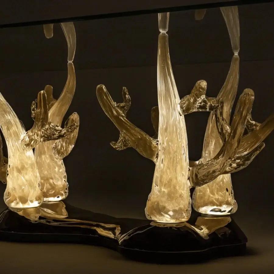 Superior Reflex Corallo table with sculptural transparent handmade Murano glass and clear glass top