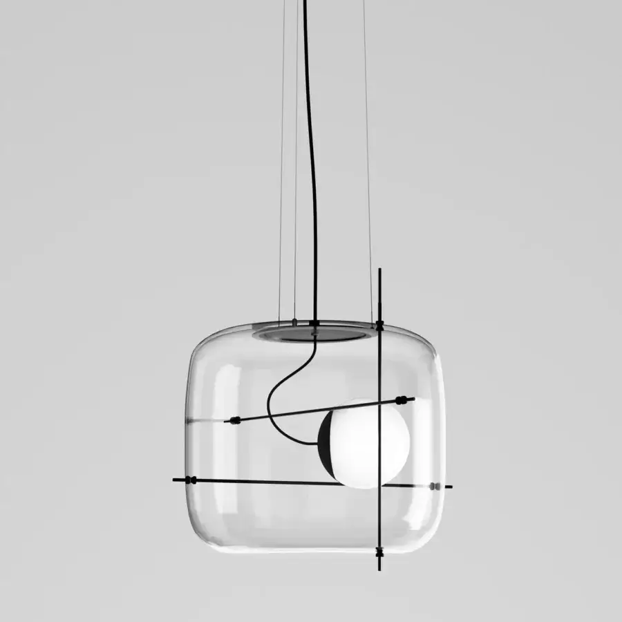 Exclusive Vistosi Plot suspension lamp with a cube-like clear crystal glass shade and sleek black metal frame