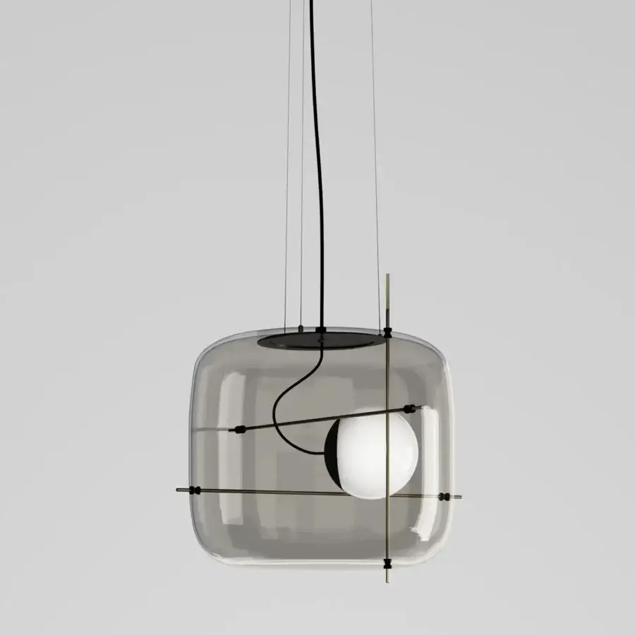 Exceptional Vistosi Plot suspension lamp with a cube-shaped smoky gray glass shade and delicate brass metal frame
