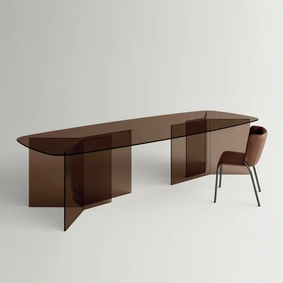 Exclusive Tonelli Design Thrim table with a dark brown translucent glass-like tabletop and intersecting support structures crafted in the same refined material