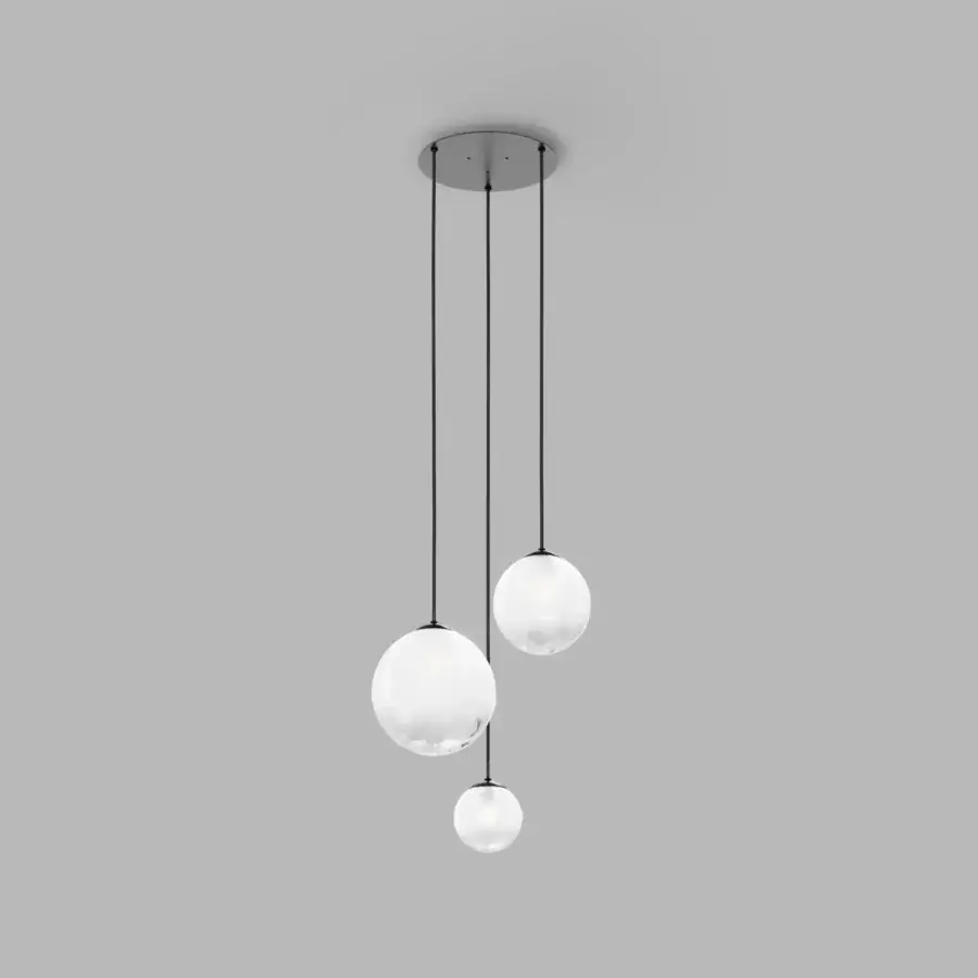 Distinguished Vistosi Puppet suspension lamp with irregularly lined dégradé blown glass shades and brushed silver metal mount