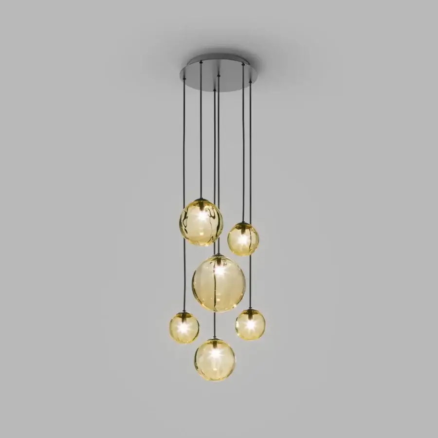 Exceptional Vistosi Puppet suspension lamp with amber toned blown glass lampshades and sleek matte black metal parts