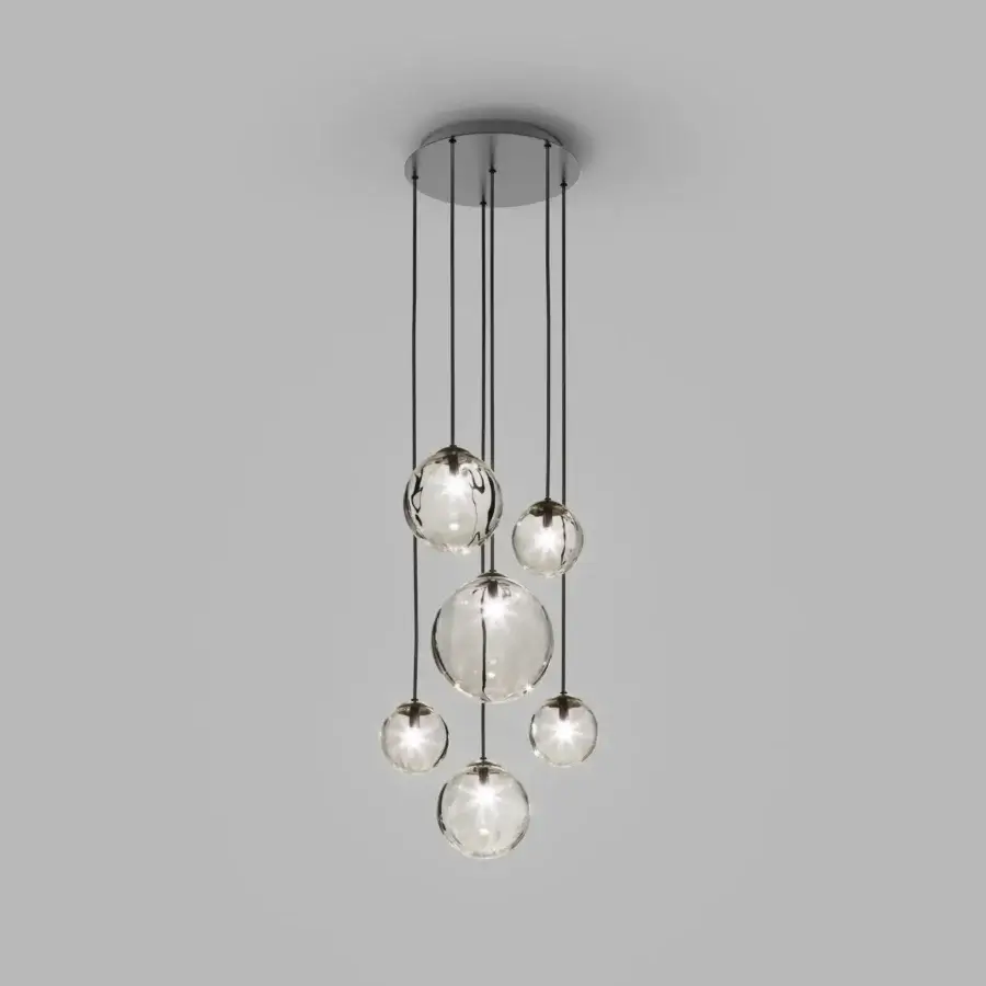 Superior Vistosi Puppet suspension lamp with cascading clear glass shades and glossy chrome ceiling mount