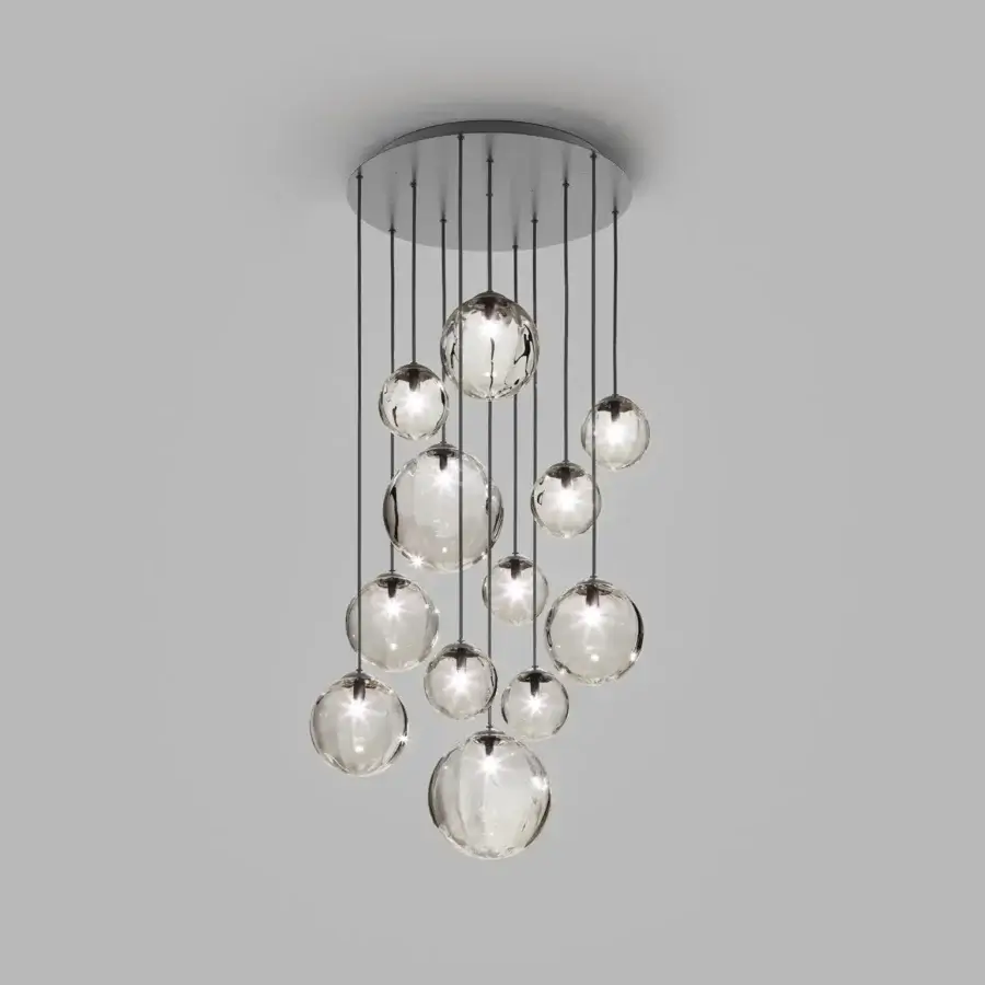Distinguished Vistosi Puppet suspension lamp with refined transparent blown glass lampshades and glossy chrome canopy