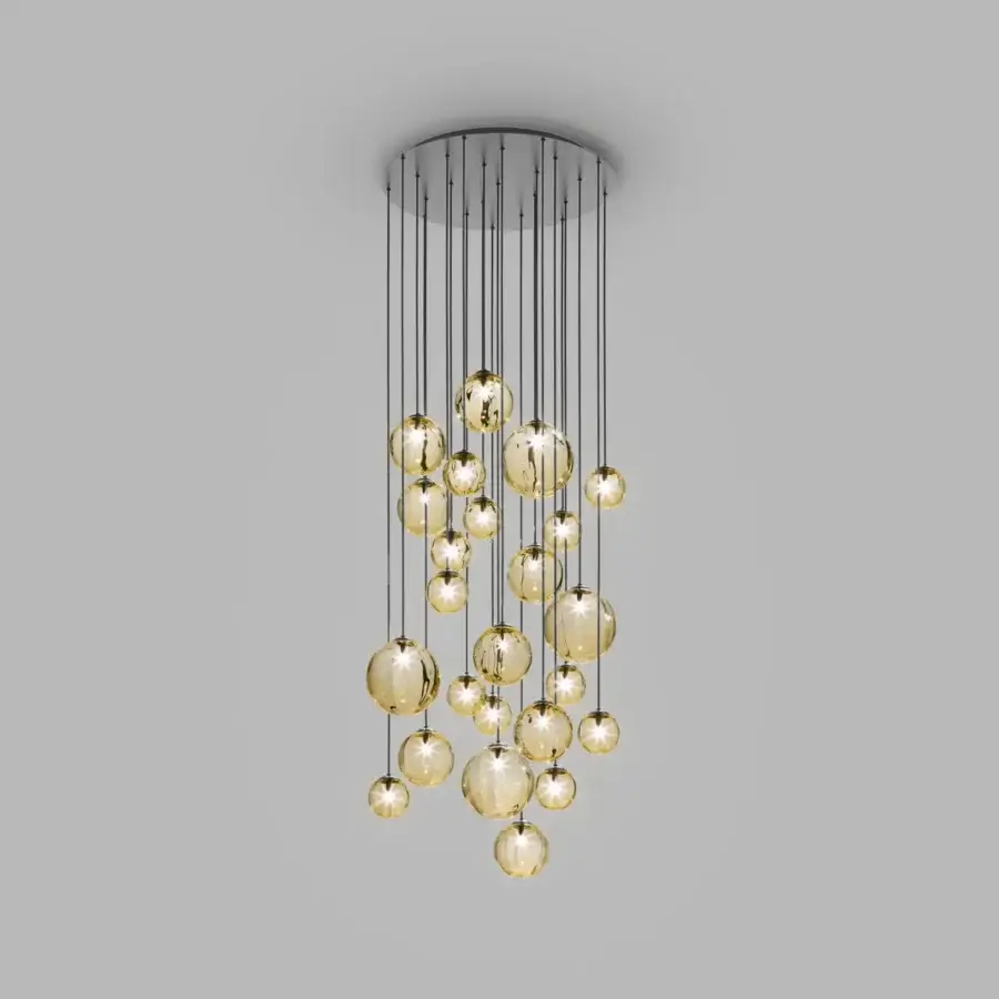 Exclusive Vistosi Puppet suspension lamp with illuminated golden amber hand-blown glass shades and glossy chrome canopy