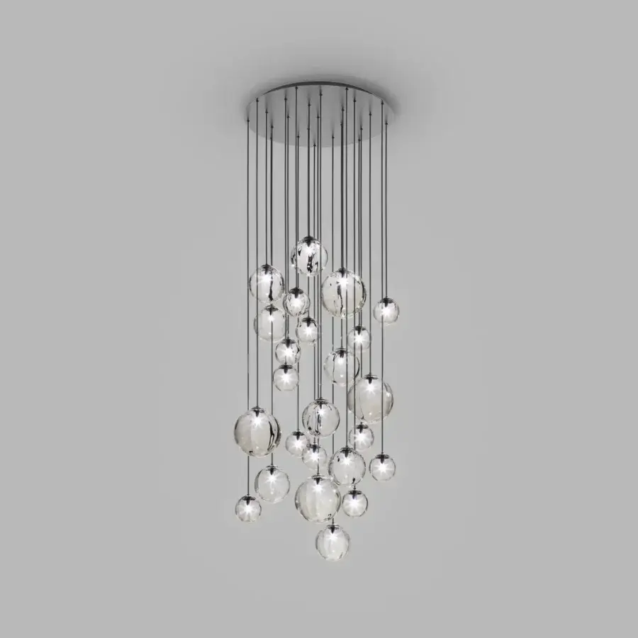 Superior Vistosi Puppet suspension lamp with cascading transparent glossy blown glass spheres and polished chrome ceiling base