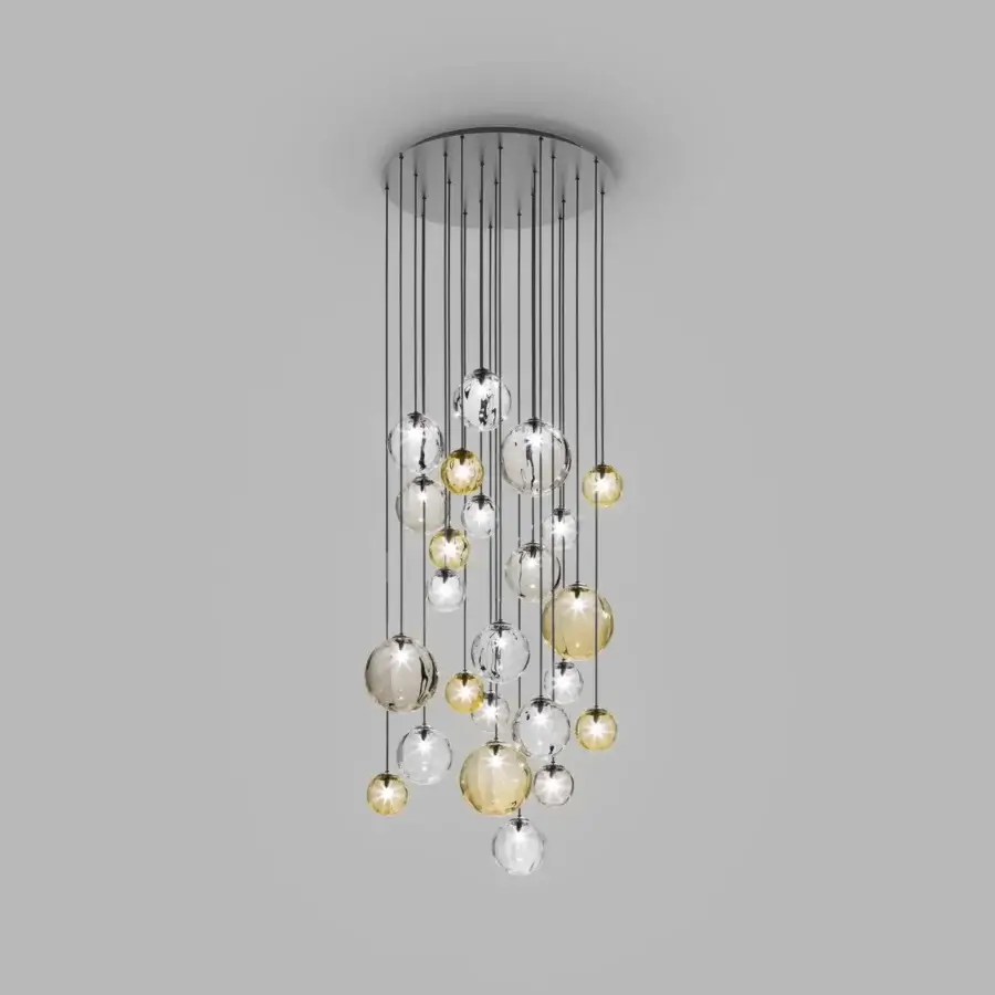 Elegant Vistosi Puppet suspension lamp with varying heights of hand-blown clear and amber glass shades in glossy chrome metal parts
