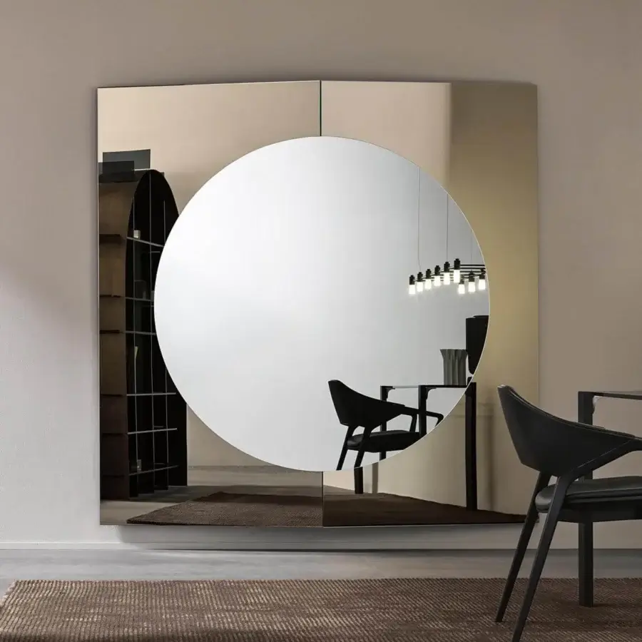 Innovative Tonelli Design Central mirror with overlapping circular and square mirrored panels in reflective light beige to tan