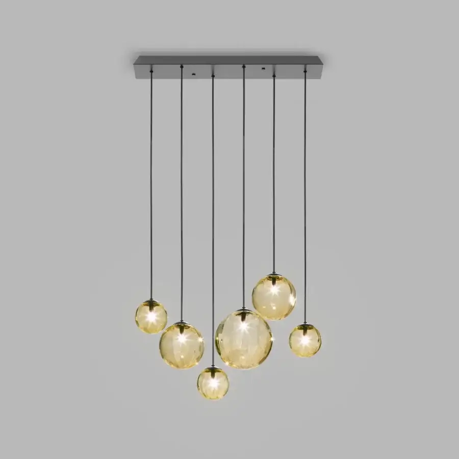 Distinguished Vistosi Puppet suspension lamp with seven amber-tinted blown glass lampshades and glossy chrome metal parts