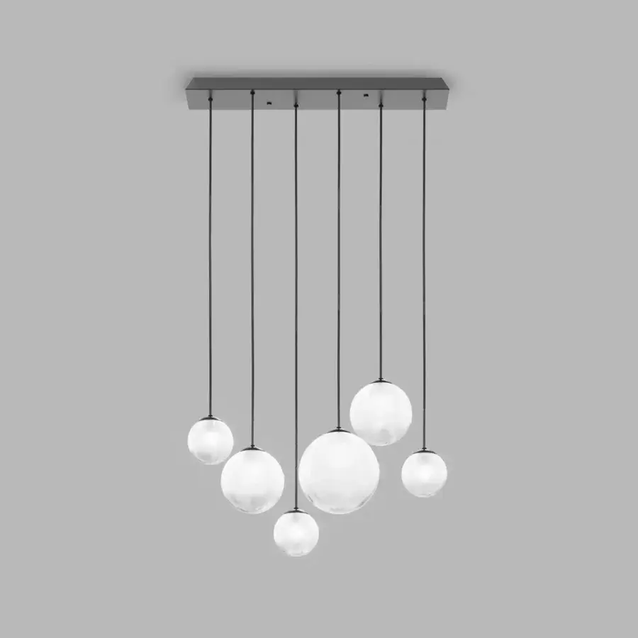 Superior Vistosi Puppet suspension lamp with translucent white blown glass shades and matt black metal finish