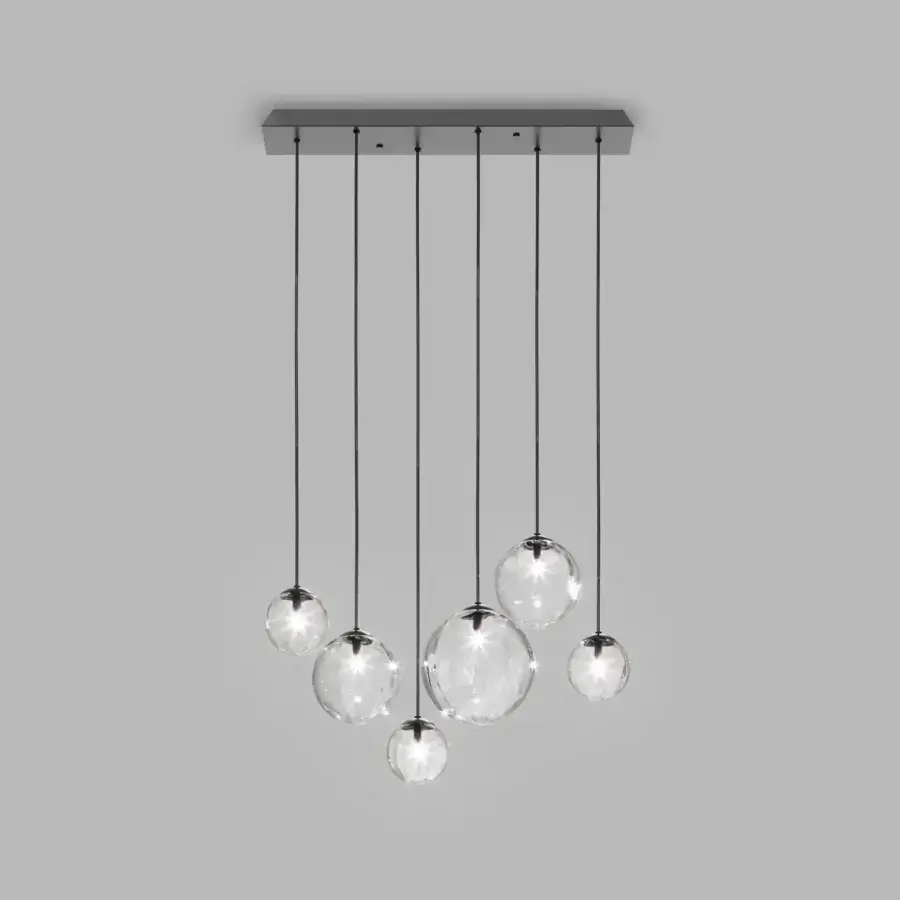 Exclusive Vistosi Puppet suspension lamp with seven clear glass globe pendants and matte grey metal base