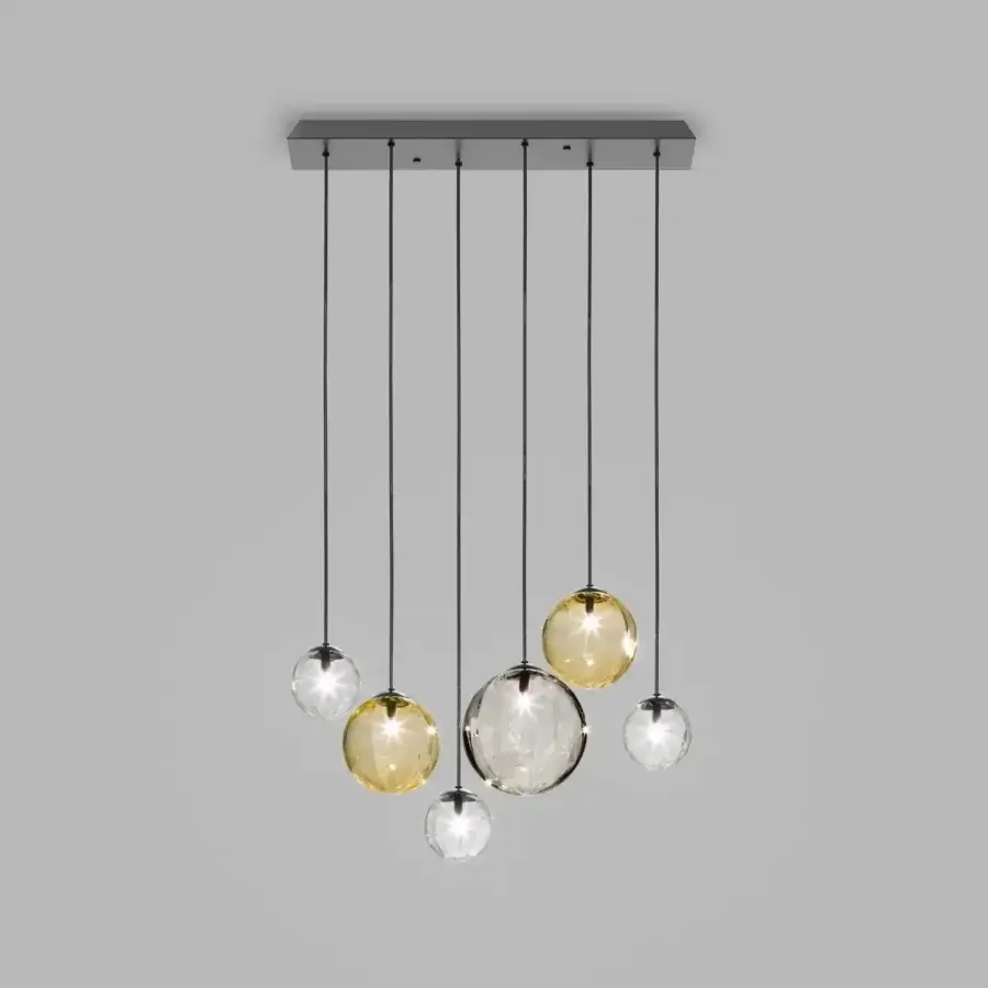 Distinguished Vistosi Puppet suspension lamp with clear and translucent amber blown glass shades plus matte black metal canopy