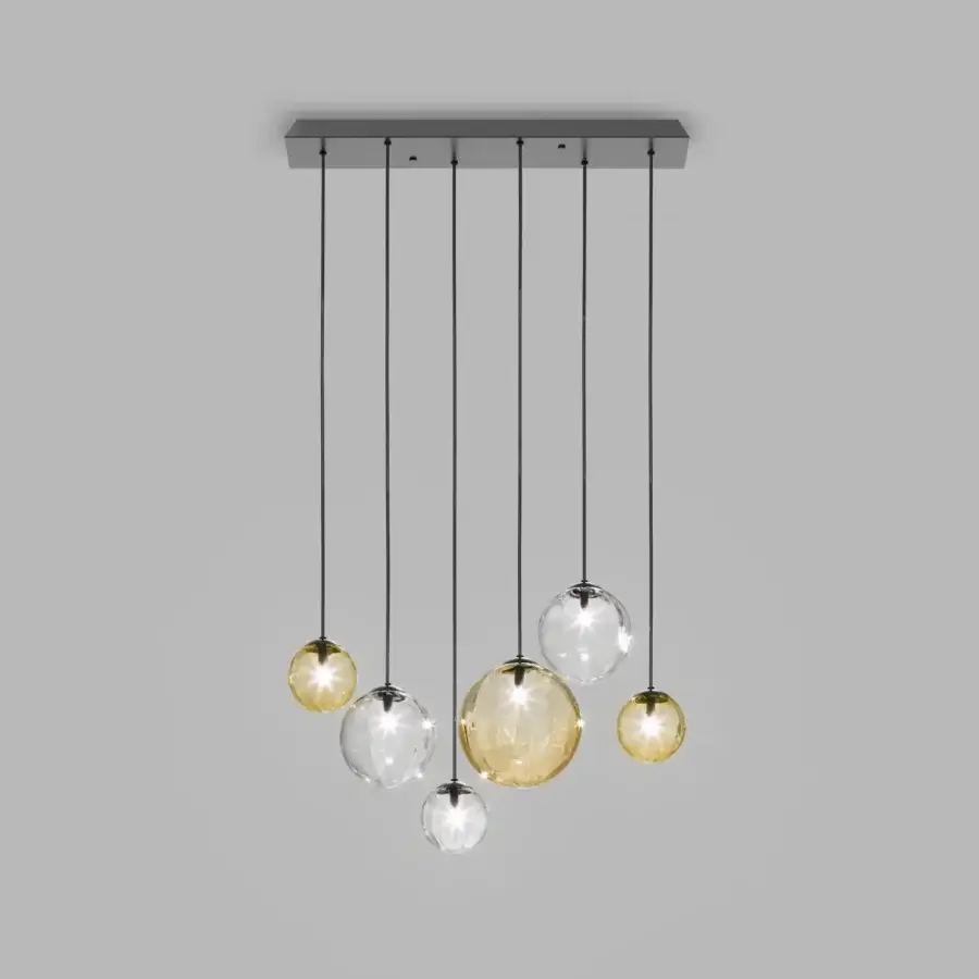 Exceptional Vistosi Puppet suspension lamp with alternating clear and warm amber hand-blown glass shades and glossy finish