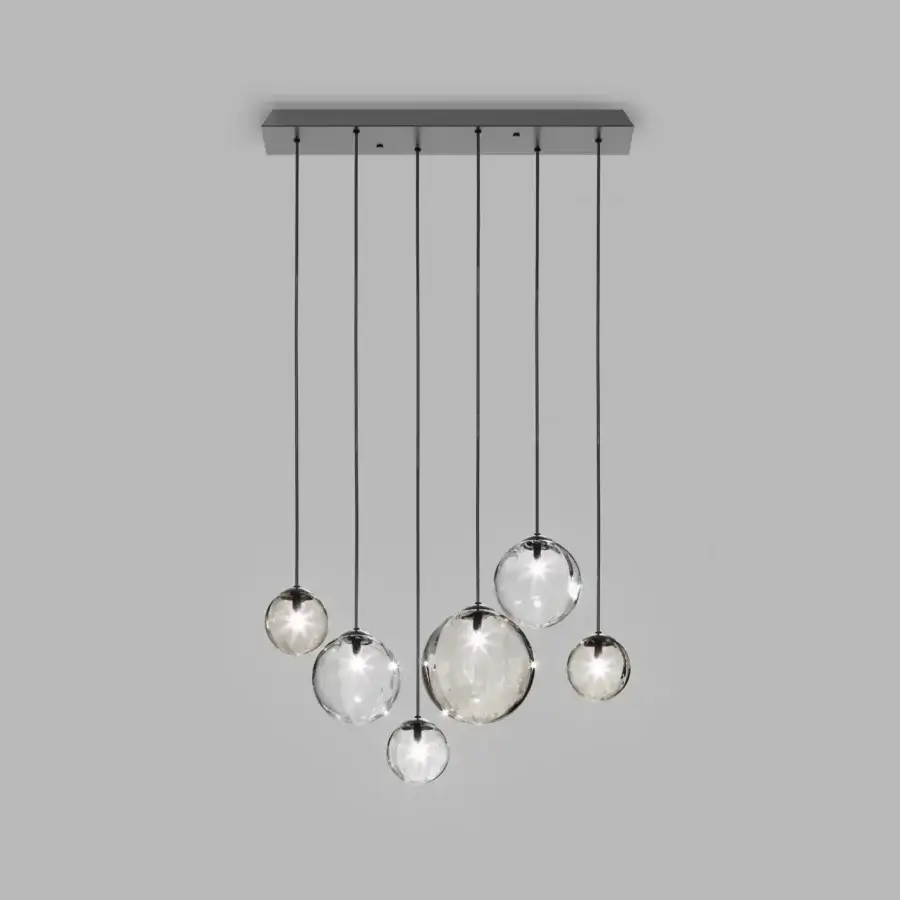 Superior Vistosi Puppet suspension lamp with seven clear and tinted blown glass shades and matte black mounting plate