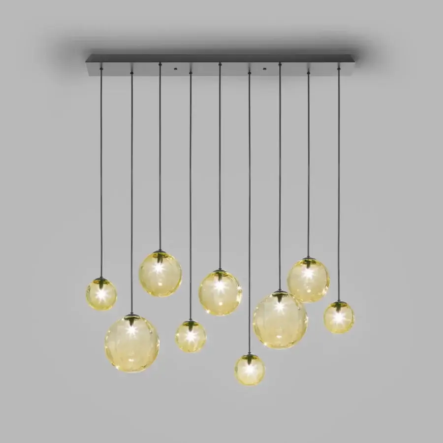 Elegant Vistosi Puppet suspension lamp with ten spherical blown glass lampshades and dark gray metal base in matt black finish