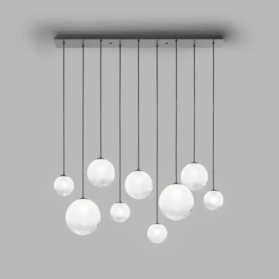 Distinguished Vistosi Puppet suspension lamp with varying blown glass shades and dégradé finish suspended from matte black metal