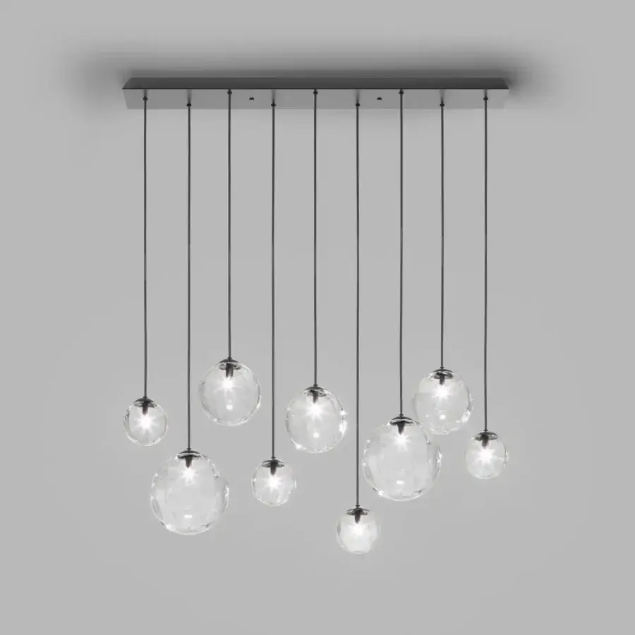 Superior Vistosi Puppet suspension lamp with ten transparent blown glass spheres and sleek matte black metal base
