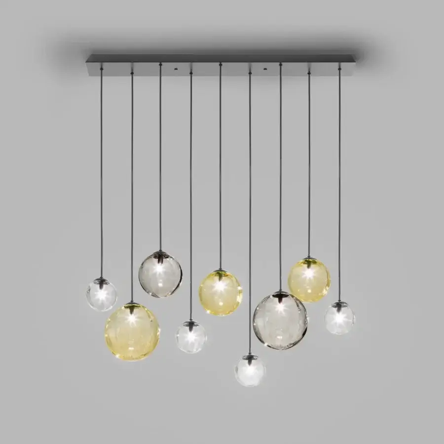 Elegant Vistosi Puppet suspension lamp with nine spherical transparent yellow blown glass shades and sleek matte black metal parts