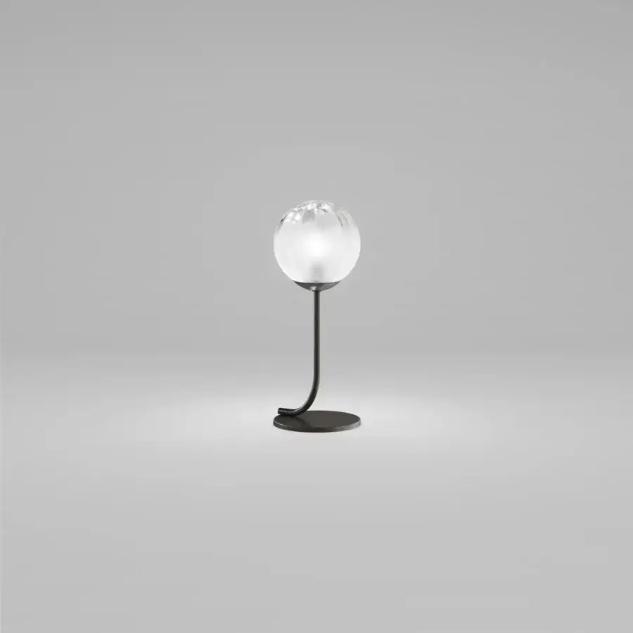 Exceptional Vistosi Puppet table lamp with irregularly lined dégradé blown glass lampshade and sleek matte black metal parts