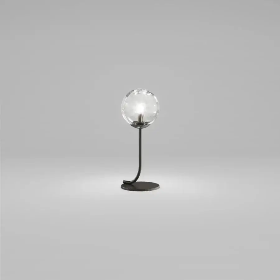 Elegant Vistosi Puppet table lamp with transparent blown glass lampshade and sophisticated matt black metal parts