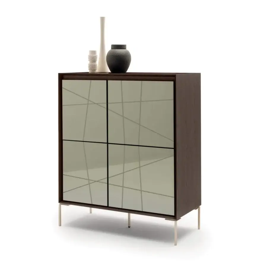 Distinguished Presotto Neck Cupboard showcases pale green doors with light gray lines in a matt lacquered wood finish with metal legs