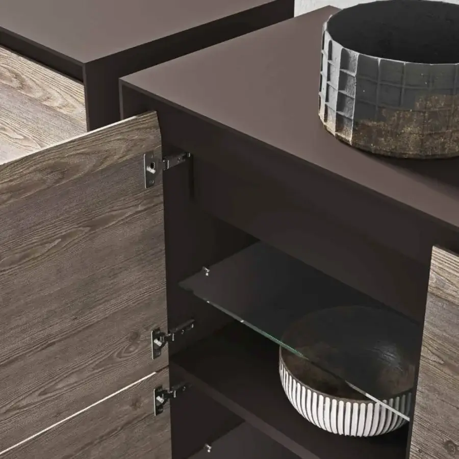 Superior Presotto Neck Cupboard presents a minimalist wood structure with hinged doors and grooved top openings in varying brown shades with a matte finish