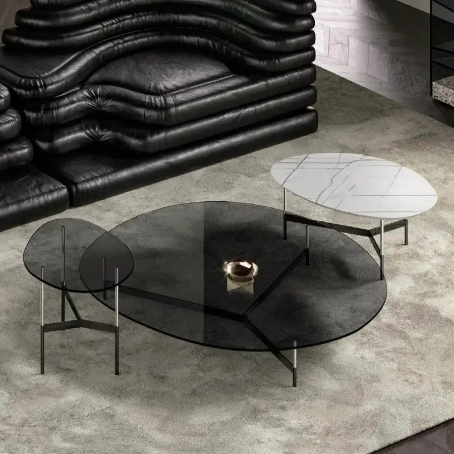 Superior Tonelli Design After9 coffee table with dark-tinted glass top and sleek black metal frame