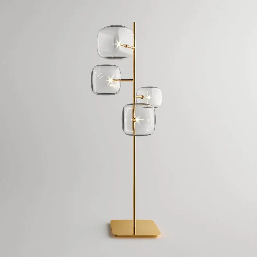 Distinguished Tonelli Design Hyperion floor lamp with transparent pyrex glass diffusers and glossy gold metallic structure